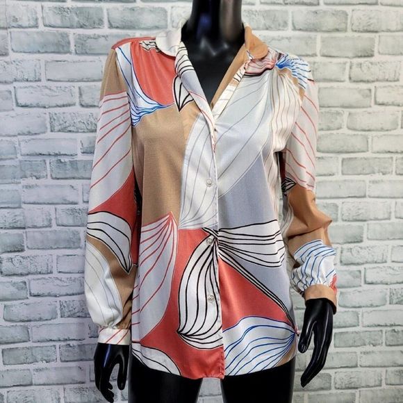 Vintage 70s‎ Vera Neumann Abstract Sheer Blouse Shirt Button Up USA Antron Nylon - Picture 1 of 7